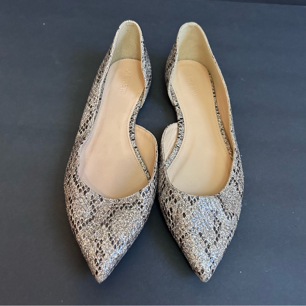 J. Crew Metallic Snake-Print D'Orsay Flats in Silver and Black Womens 9.5